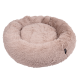Runder, plüschiger Haustierbett in einer sanften beige Farbe, mit einem flauschigen Äußeren und einem gemütlichen, gepolsterten Zentrum.