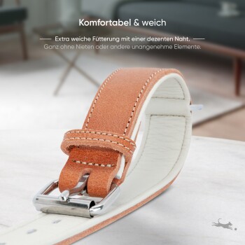 Brauner Leder-Haustierhalsband mit weicher Polsterung und silberner Schnalle, mit Text über Komfort und Designdetails auf Deutsch.