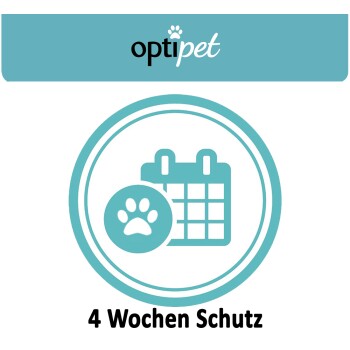 OptiPet-Logo über einem kreisförmigen Symbol mit einem Kalender und einem Pfotenabdruck, mit dem Text '4 Wochen Schutz' darunter.
