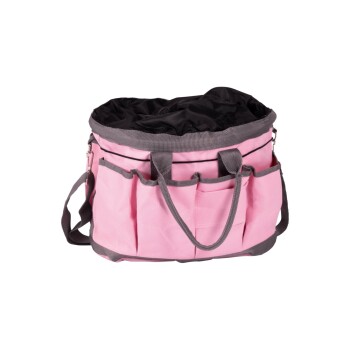 Rosa Haustiertragetasche mit schwarzem Innenraum, mit mehreren Außentaschen und grauen Trägern für einfaches Tragen.