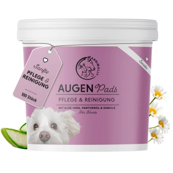 Behälter für Augenpads für Hunde mit einem süßen Hundegesicht-Label, angereichert mit Aloe Vera, Panthenol und Kamille. Enthält 100 Pads.