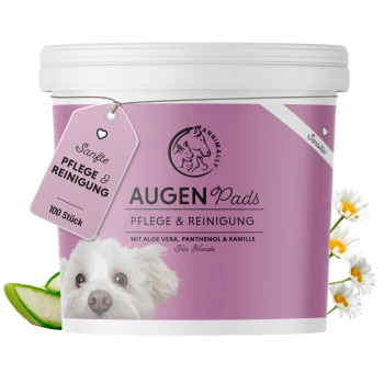Behälter für Augenpads für Hunde mit einem süßen Hundegesicht-Label, angereichert mit Aloe Vera, Panthenol und Kamille. Enthält 100 Pads.
