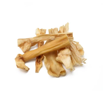 Lammhaut 10 cm 500 g Ein Haufen verschiedener Hundekauartikel aus natürlichen Knochen, die in Form und Größe variieren, vor einem weißen Hintergrund.