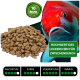 Nahaufnahme eines bunten Koi-Fisches mit 10mm Fischfutterpellets. Text: "Hochwertiges Leckerchen für Zwischendurch" und Nährwertangaben.