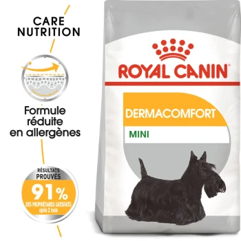 Sac de nourriture pour chiens Royal Canin Dermacomfort Mini avec une illustration de Terrier écossais, mettant en avant des allergènes réduits et 91% de satisfaction des propriétaires.