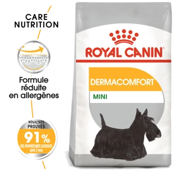 Sac de nourriture pour chiens Royal Canin Dermacomfort Mini avec une illustration de Terrier écossais, mettant en avant des allergènes réduits et 91% de satisfaction des propriétaires.