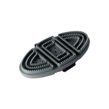 Graues Haustierpflegewerkzeug mit strukturierter Oberfläche und Rillen für effektives Bürsten, mit einem Riemen für einfache Handhabung.