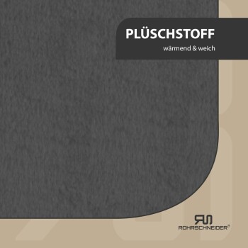 Plüschstoff in Dunkelgrau, beschriftet mit 'wärmend & weich', mit einem abgerundeten Ecken-Design und dem Rohrs Schneider-Logo.