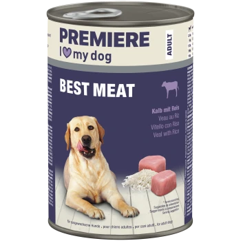 Dose PREMIERE „I ♥ my dog“ Nassfutter für erwachsene Hunde mit der Aufschrift BESTES FLEISCH — Kalb mit Reis; Hundefoto mit Reis und Fleischstücken.