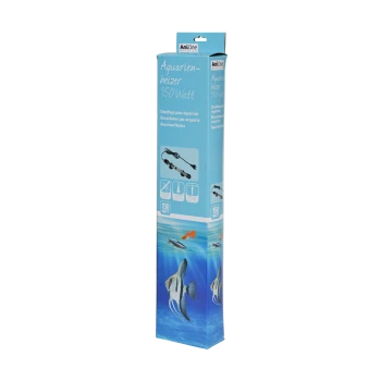 Verpakking van aquariumverwarming, 150 Watt, met illustraties van de verwarming, thermometer en vissen, met een blauwe aquatische achtergrond.