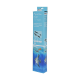 Verpackung für einen Aquarienheizer, 150 Watt, mit Illustrationen des Heizgeräts, Thermometers und Fisches, mit einem blauen aquatischen Hintergrund.