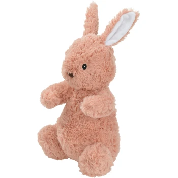 A soft, plush, light pink bunny toy with long ears and a cute face, perfect for pets to cuddle or play with.