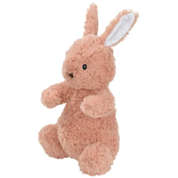 Ein weiches, plüschiges, hellrosa Kaninchen-Spielzeug mit langen Ohren und einem süßen Gesicht, perfekt für Haustiere zum Kuscheln oder Spielen.