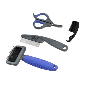 Cztery narzędzia do pielęgnacji zwierząt, w tym szczotka slicker, grzebień, nożyczki i mały grzebień, wszystkie z szarymi i niebieskimi uchwytami.