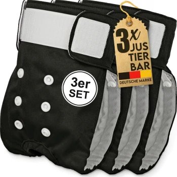 Schwarzes Haustierwindelset mit drei verstellbaren Windeln mit Druckknöpfen, beschriftet mit "3er SET" und einem Etikett mit der Aufschrift "3x JUSTIERBAR DEUTSCHE MARKE."