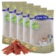 Fünf Beutel von Lyra Pet Natural Power Leckerlis mit Jerky-Streifen vorne, mit einem hellbeigen Design und grünen sowie blauen Akzenten.