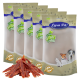 Fünf Beutel von Lyra Pet Natural Power Leckerlis mit Jerky-Streifen vorne, mit einem hellbeigen Design und grünen sowie blauen Akzenten.