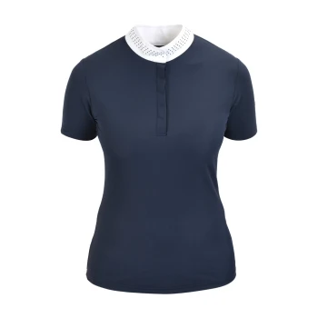 Navyblaues Poloshirt mit kurzen Ärmeln, einem weißen perforierten Kragen und einer geknöpften Leiste.