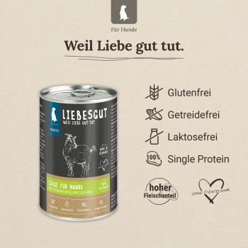 Liebesgut Hundefutterdose, Slogan 'Weil Liebe gut tut', 'Ziege für Hunde'; Symbole: Glutenfrei, Getreidefrei, Laktosefrei.