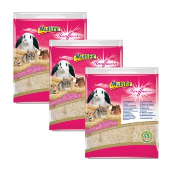 Trois paquets de Multifit Hanfaser, présentant un lapin et de petits animaux sur un fond rose, étiquetés avec des détails et des avantages du produit.