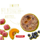 Runde Scheibe Nassfutter mit Fleisch, Kürbis und Blaubeeren; Text 'HOHER FLEISCH-ANTEIL.' und 'FLEISCHESLUST'-Logo.