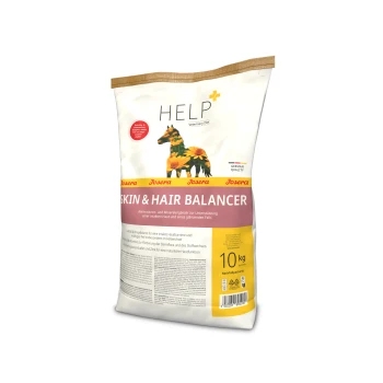 Sack HELP Veterinary Diet Skin & Hair Balancer von Josera, Pferdesilhouette gefüllt mit Sonnenblumen und gelbes 10-kg-Etikett.