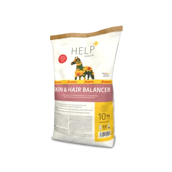 Sack HELP Veterinary Diet Skin & Hair Balancer von Josera, Pferdesilhouette gefüllt mit Sonnenblumen und gelbes 10-kg-Etikett.
