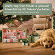 Ein brauner und weißer Hund ruht auf einem festlichen Adventskalender für Haustiere, mit Feiertagsillustrationen und dem Text "AniForte."