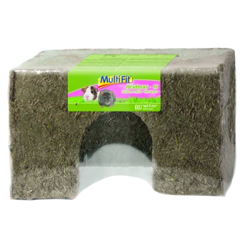 Heuhäuschen für kleine Haustiere, beschriftet mit 'MultiFit Heuhaus - M', mit einem Meerschweinchen und einer Maus auf der Verpackung. 100% natürlich.