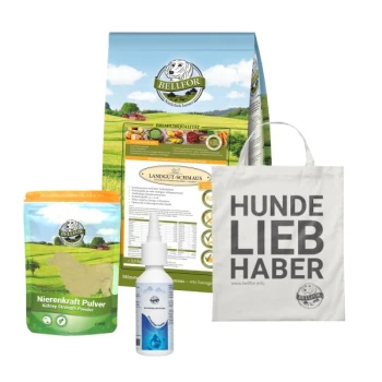 Bellfor Haustierprodukte: "Landgut-Schmaus" Hundefutter, "Nierenkraft Pulver," eine Pipettenflasche und eine "HUNDE LIEBHABER" Tragetasche.