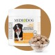 MediDog Multi-Vitamin-Ergänzungsbehälter mit einem Bild eines Berner Sennenhundes, mit braunen kaubaren Tabletten in einer Schüssel.