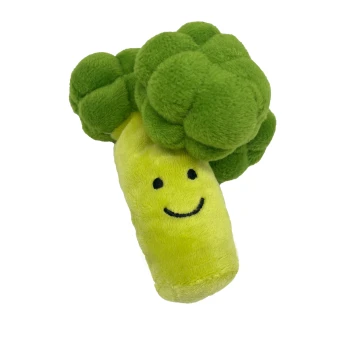 Ein plüschiges Brokkoli-Spielzeug mit einem lächelnden Gesicht, das eine grüne Spitze und einen gelben Stiel hat, ideal für Haustiere.