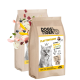 Zwei DOGS'n TIGER Katzenfuttertüten mit Katzenfoto und Texten 'FLATTERTRAUM', 'Huhn & Ente mit Gemüse', '75%'.