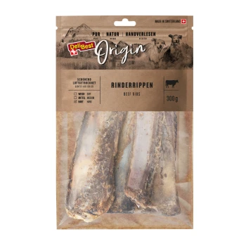 Rinderrippen 300g Packung DeliBest Origin Rinder-Rippchen, 300g, mit luftgetrockneten Leckereien für Hunde, mit Etiketten, die Texturoptionen anzeigen: weich, mittel, hart.
