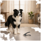 Border Collie noir et blanc debout dans un salon à côté d'un coupe-ongles pour animaux gris posé sur le sol.
