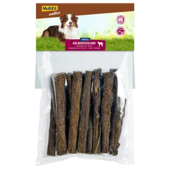 MultiFit native Kalbs-Hals-Snacks für Hunde, mit einem Border Collie auf der Verpackung, in einer durchsichtigen Plastiktüte, die die Leckereien zeigt.