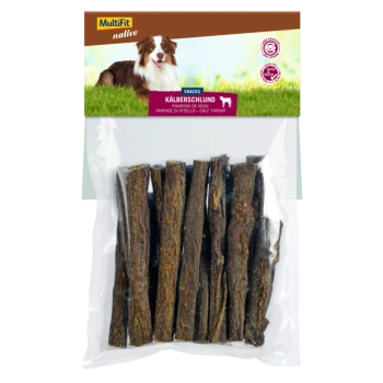 MultiFit native Kalbs-Hals-Snacks für Hunde, mit einem Border Collie auf der Verpackung, in einer durchsichtigen Plastiktüte, die die Leckereien zeigt.