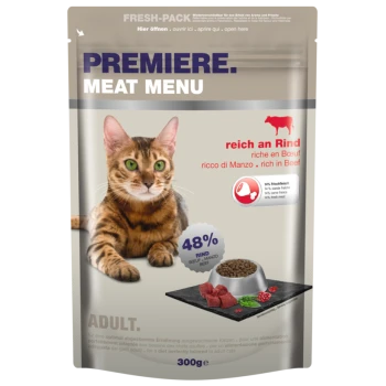 Eine Katzenfutterverpackung mit einer Bengal-Katze auf der Vorderseite, beschriftet mit 'Premiere. Fleischmenü', mit 'reich an Rind' und '48% Rind' deutlich angezeigt.