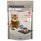 Eine Katzenfutterverpackung mit einer Bengal-Katze auf der Vorderseite, beschriftet mit 'Premiere. Fleischmenü', mit 'reich an Rind' und '48% Rind' deutlich angezeigt.
