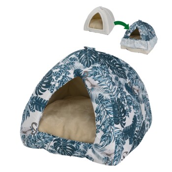 Ein gemütliches Haustierbett in Form eines Zeltes, mit einem tropischen Blattmuster in Blau und Weiß, mit einem weichen beigen Innenraum.