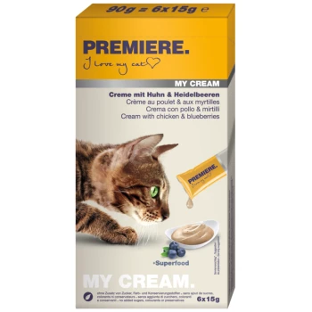 My Cream 11x6x15g Huhn und Heidelbeeren Verpackung für Katzenfutter mit einer getigerten Katze, die 'MY CREAM' mit Huhn und Heidelbeeren hervorhebt, insgesamt 90g, 6x15g Portionen.