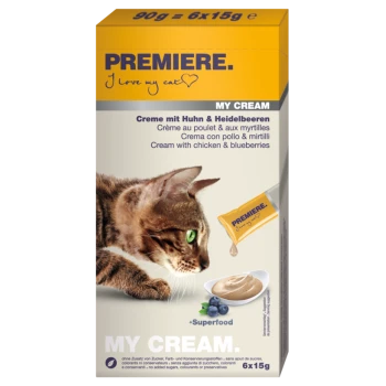 Emballage de nourriture pour chat mettant en vedette un chat tigré, mettant en avant "MY CREAM" avec du poulet et des myrtilles, 90g au total, 6x15g portions.