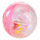 A colorful, translucent pink pet toy ball with floral patterns and a hollow center, designed for playful pets.