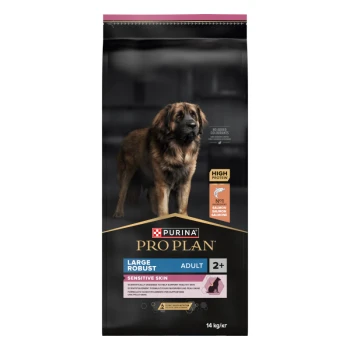 Purina Pro Plan Hundefutterbeutel mit einem großen robusten Hund, beschriftet "Adult 2+" für empfindliche Haut, hoher Proteingehalt, 14 kg.