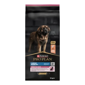 Purina Pro Plan Hundefutterbeutel mit einem großen robusten Hund, beschriftet "Adult 2+" für empfindliche Haut, hoher Proteingehalt, 14 kg.