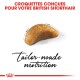 Croquettes conçues pour les chats British Shorthair, avec le texte "nutrition sur mesure" en écriture élégante.