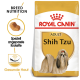 Royal Canin Adult Shih Tzu Hundefutterbeutel mit einer Shih Tzu-Illustration, mit Text, der die Ernährung der Rasse und gesunde Haut hervorhebt.