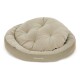 Ein plüschiges, rundes Haustierbett in hellbeige mit einem gepolsterten Design, mit dem Logo "Doctor Bark" an der Seite.