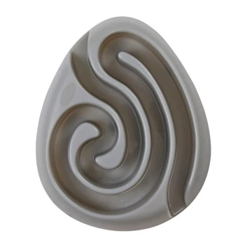 Graue Haustierfutterschüssel mit einem spiralförmigen Labyrinthdesign, das langsameres Essen für Haustiere fördert.