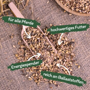 Pferdefutter auf Jute mit Schaufel; Etiketten: für alle Pferde; hochwertiges Futter; Energiespender; reich an Ballaststoffen
